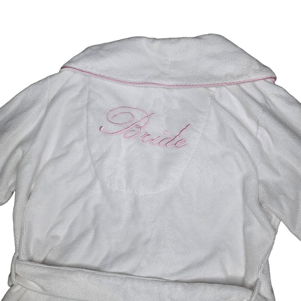 BRIDE robe Rosegate White Terry Cloth  With Pink Trim & Embroidery sz L wedding